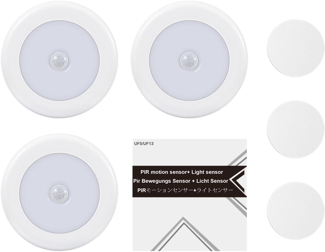 AMIR (Upgraded Version) Motion Sensor Lights, Battery-Powered LED Night Lights, Stick-Anywhere Closet Lights Stair Lights, Wall Lights for Hallway, Bathroom, Bedroom, Kitchen etc. (White - Pack of 3) - - 