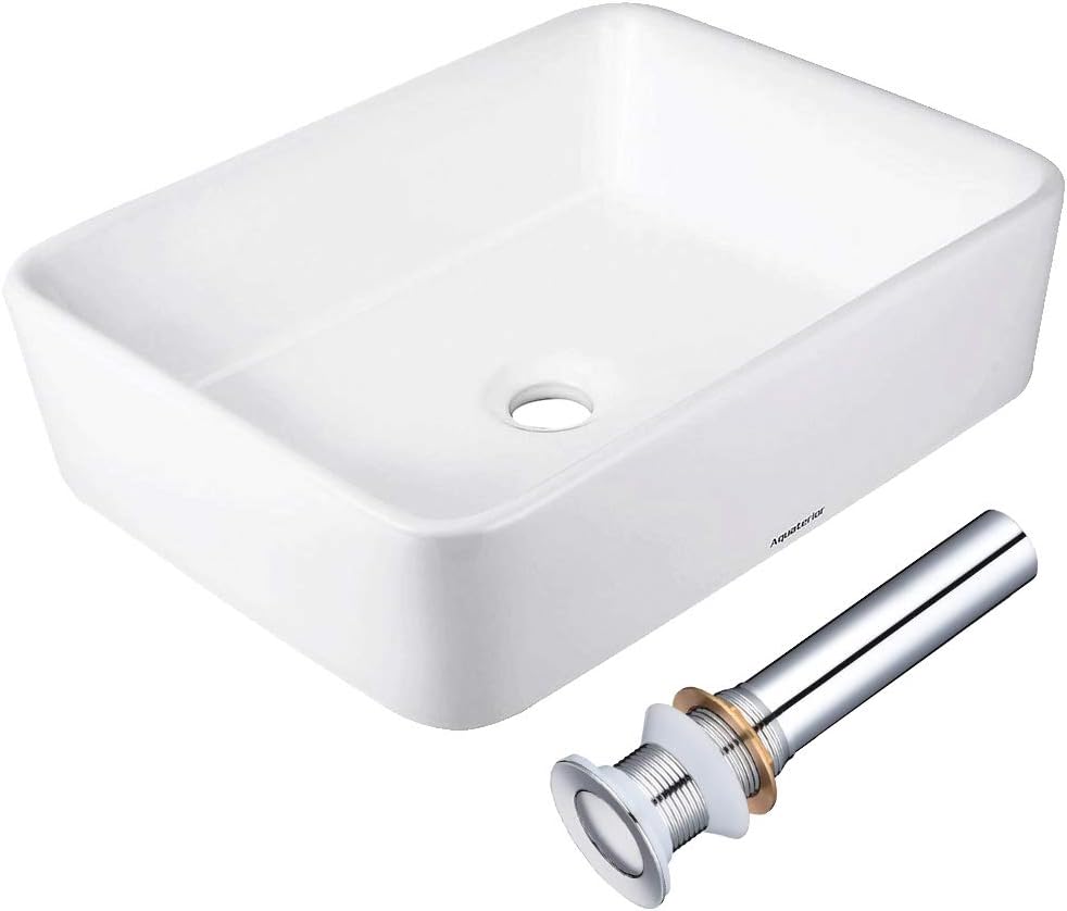 Aquaterior 19"x15" Rectangle Bathroom Vessel Sink with Pop up Drain Porcelain Ceramic Bathroom Sink White Bowl Basin