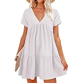 Lueluoye Women V Neck Flowy Babydoll Dresses 2025 Summer Short Sleeve Swing Shift Loose Casual Summer Mini Tunic Dress