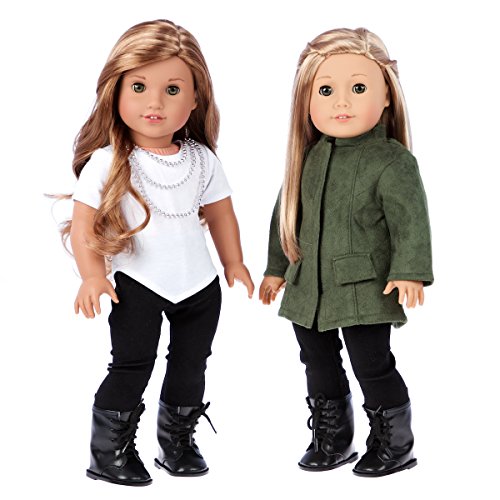 DreamWorld Collections Autumn Stroll - 4 piece outfit for 18 inch doll - green coat, white blouse, black velvet leggings, black boots (dolls not included)