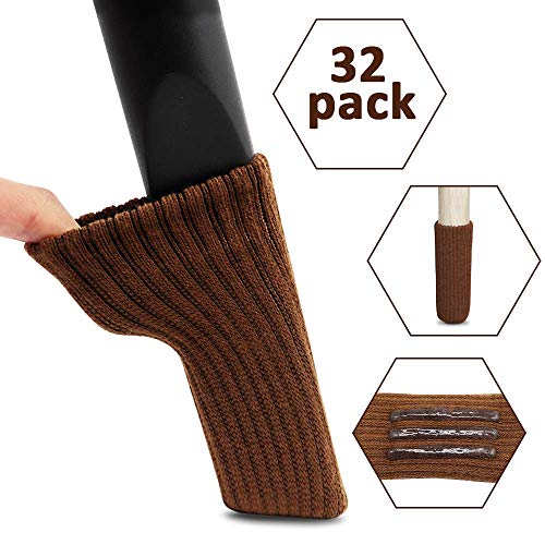 Chair Leg Socks, Ravmix 32PCS Knitted Elastic Non-Slip Rubber Strips Furniture Socks Covers Set Chair Leg Floor Protectors, Fit Square & Round Furniture Feet Girth from 2.7'' to 7'', Chocolate Brown