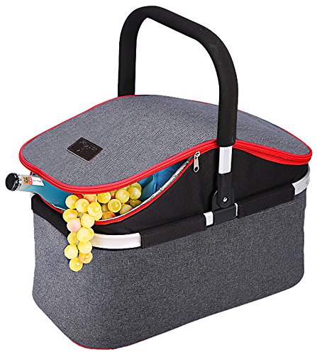 Collapsible Soft Cooler Bag 30L Family Size Insulated Folding Picnic Basket Service for 4 Person’s Food and Drink Keep Hot/Cold/Fresh for Hours Waterproof Insulation Tote With Aluminum Handle-Gray