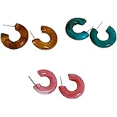 3Pairs Resin Candy Color C-shaped Grid Hoop Earrings Set Lightweight Colorful Ecetate Acrylic Statement Earrings for Women Vintage Geometric Round Circle Jewelry