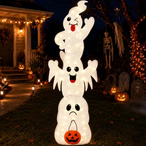 7FT Giant Halloween Decorations Outdoor Light Up Stacked Ghost for Porch at Amazon