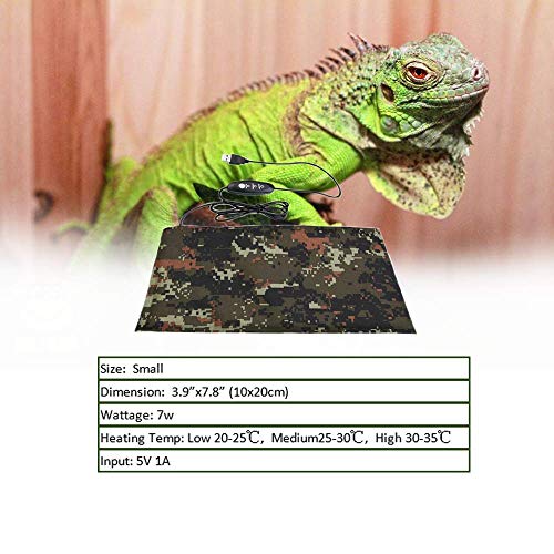 Reptile Under Tank Heating Pad - USB Amphibian Heating Camouflage Pad with Thermostat 3-Levels Temperature, Warming Pad for Lizard, Bearded Dragon, Chameleon, Corn Snake, Spider, Small