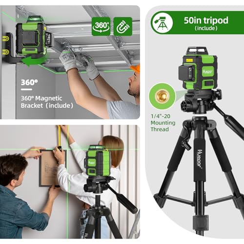 Huepar 360° Laser Level with 50" Stable Tripod, Self-Leveling & Rechargeable, Pulse Mode for Outdoor Use, Hard Carrying Case, Glasses, Target Plate, for Construction & Home Renovation