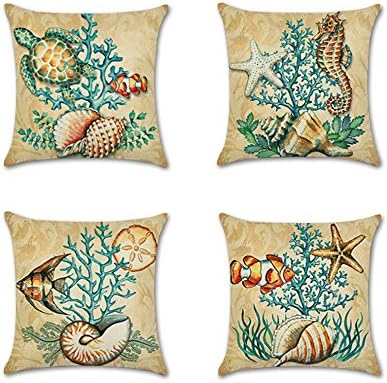 Anna Homey Décor 4 Pack Ocean Theme Mediterranean Style Cotton Linen Square Decorative Throw Pillow Case Cushion Cover Starfish,Sea Horse,Shell&Conches 18" X 18" (Set Two)