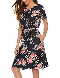 AKEWEI - Vestido de verano para mujer, informal, estampado floral, manga corta, con bolsillos