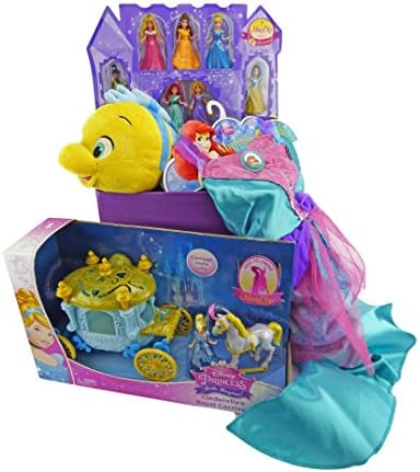 Disney Princess 5 Piece Bundle - Magiclip 7 Doll Gift Set, Magiclip Cinderella's Royal Carriage, Ariel The Little Mermaid Dress, Disney Store Flounder Plush and Storage Crate