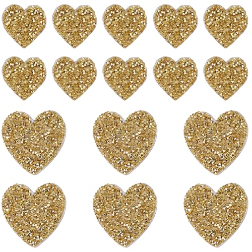 CABODYALS 20Pcs Gold Rhinestone Patches Iron on Golden Heart Pattern Patch Sew on Love Bling Glitter Resin Rhinestones Appliques Bulk for Sewing Making Repair Clothing Hat Jeans Shoes Diy Craft