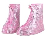 Fashoinable Plaid Reusable Thicken Waterproof Slip-resistant Wear-resistant Rainproof Shoes Cover For Women Children Kids Girls Pink XL