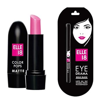 Elle 18 Combo of Pop Matte Lip Color, First Love, 4.3 g and Eye Drama Kajal, Bold Black, 0.35g