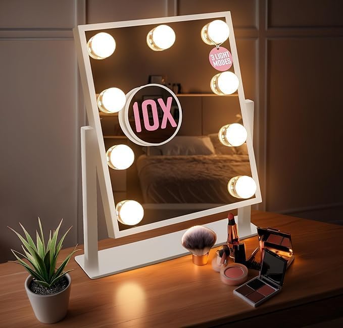 GloBrite Hollywood Mirror with 9 LED Bulbs - 3 Colour Light Modes & Adjustable Brightness, Touch Screen, 360° Rotation, Light Up Mirror, No Assembly Needed, Vanity Mirror with Lights - White