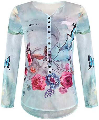 Roroyi Women Autumn Long Sleeve V-Neck Floral Printed Button T-Shirt Chiffon Irregular Hem Top Blouse