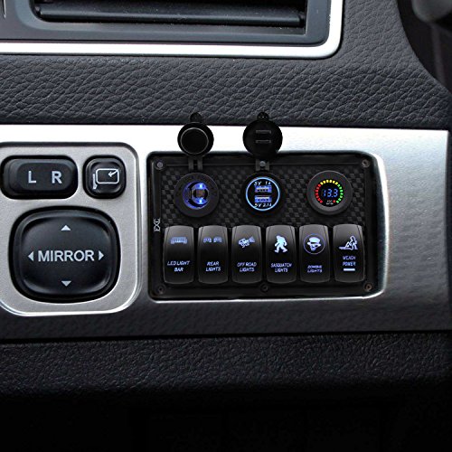 FXC Waterproof Marine Boat Rocker Switch Panel 6 Gang with 4.2A Dual USB Slot Socket + Cigarette Lighter + Voltage Monitor Alarm LED Light for Car Rv Vehicles Truck