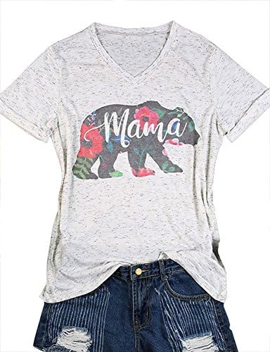 HDLTE Women’s Mama Bear Floral Printed Short Sleeve V-Neck T-Shirt (L, White)