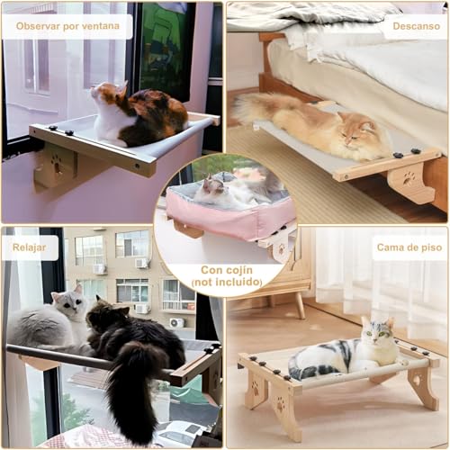 AZYAADIXX Percha de Ventana para Gatos Hamaca Ventana con 4 Patas, Estante Cama de Gatitos Gatos Grande Dormir Interior Asiento Resistente Ajustable Montado en Ventana Estante Estable Soporta 7kg
