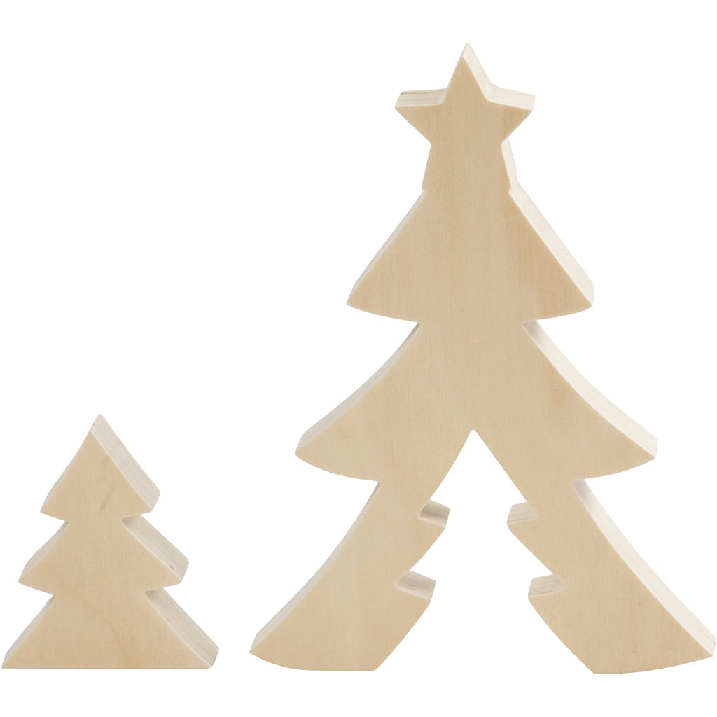Christmas Trees, H: 8+20 cm, W: 6,5+14,5 cm, plywood, 1set, depth 2 cm