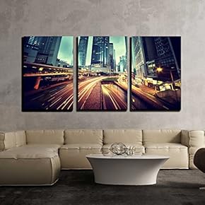 3 Piece Canvas Wall Art - Traffic in Hong Kong at Sunset Time - Modern Home Art Stretched and Framed Ready to Hang - 16"x24"x3 Panels