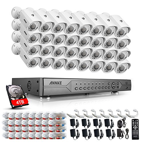 ANNKE 32CH DVR Security System 720p High Definition Digital Video Recorder with 4TB HDD and (32) Outdoor Weatherproof CCTV Surveillance Camera, IR Night Vision, Motion Detection, Remote Playback