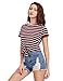 Romwe Women's Knot Front Cuffed Sleeve Striped Crop Top Tee T-Shirt , Burgundy & White, Small / US 0-2