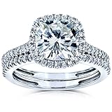 Cushion Brilliant Moissanite and Diamond Halo Bridal Wedding Rings Set 2 3/8 CTW 14k White Gold