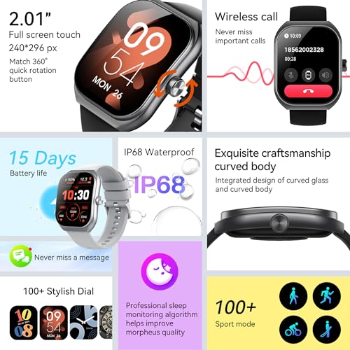 MYSHUN Reloj Inteligente Mujer con Llamadas, 2,01 Pulgada Smartwatch Hombre Deportivo con Podometro Pulsometro SpO2 Sueño Presion Arterial Actividad IP68 Reloj Digital para iOS Android (Negro)