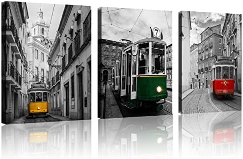TutuBeer 3 Pcs Black and White Yellow Tram on Narrow Street of Alfama, Lisbon Red Car Canvas Green Train Canvas Art Europe Colorful Bus 3 Panel Set Wall Art Decor Canvas Stretched and Framed Ready