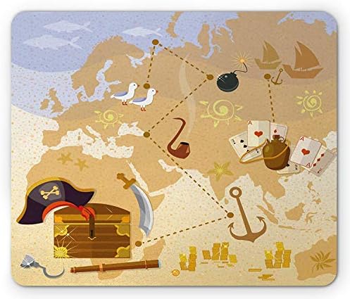 Island Map Mouse Pad, Pirate Treasure Map Sea with Captain Hat Coins Sailing Boat Mystical Marine Theme, Standard Size Rectangle Non-Slip Rubber Mousepad, Blue Tan