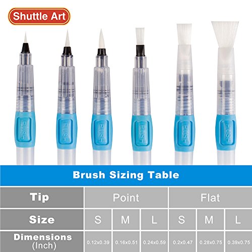 Shuttle Art Water Coloring Brush Pens, Set of 6 Assorted Tips Leakproof with Push Button for Watercolor Painting, Calligraphy, Water Soluble Pencil, Brush Pens, Markers, Flat and Rounded Tips