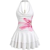 WDIRARA Women's Floral Draped Fit and Flare Mini Halter Dress Metal Linked Backless Layered Ruffle Dresses