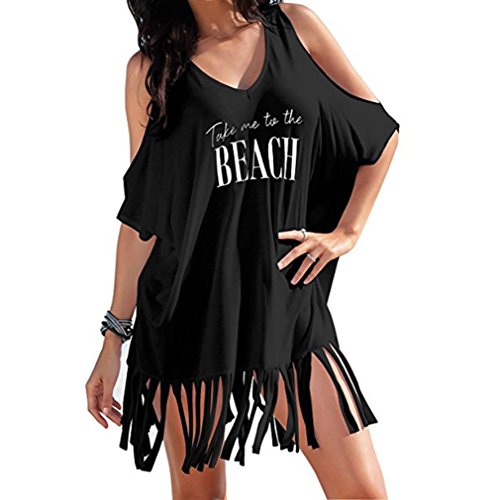 Gillberry Womens Tassel Letters Print Baggy Swimwear Bikini Cover-UPS Beach Dress (A, L)