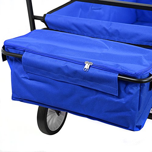 Collapsible Outdoor Utility Wagon with Top Canopy, Heavy Duty Folding Garden Portable Hand Cart, with Drink Holder, Suit for Shopping and Park Picnic, Beach Trip and Camping (Blue w top) - Thumbnail 2