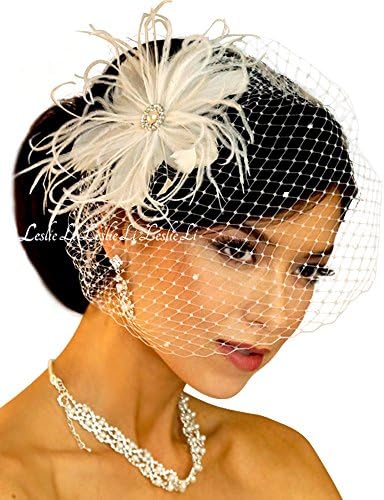 Leslie Li Women's Pearl with Feather Clip & Bridal Birdcage Veil One Size White 23--F67