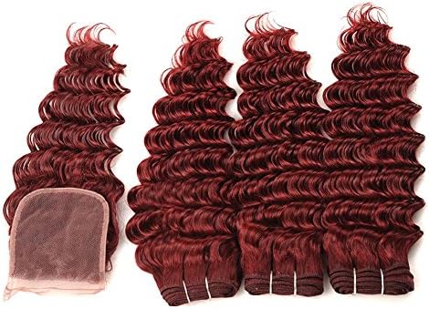 8A Burgundy Brazilian Hair Deep Wave 3 Bundles With Closure 99J Red Color Deep Curly Weave Virgin Human Hair Extensions With Closure (20 20 20+18)