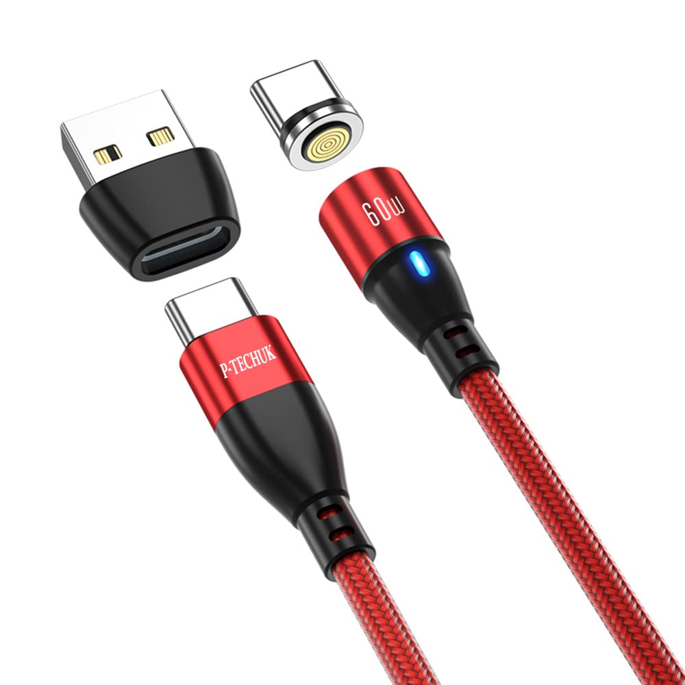 P-TECHUK 60W Super Fast USB C Magnetic Charging Data Cable, 6 in 1 PD Fast Charging Cable compatible with all Type C Devices. A18 Red (1M Cable + Type C Tip)