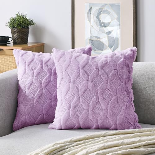 Volcanics Pack of 2 Faux Wool Throw Pillow Covers 20x20 Inches Decorative Farmhouse Velvet Couch Pillow Case Soft Plush Square Boho Cushion Pillowcase, Light Purple