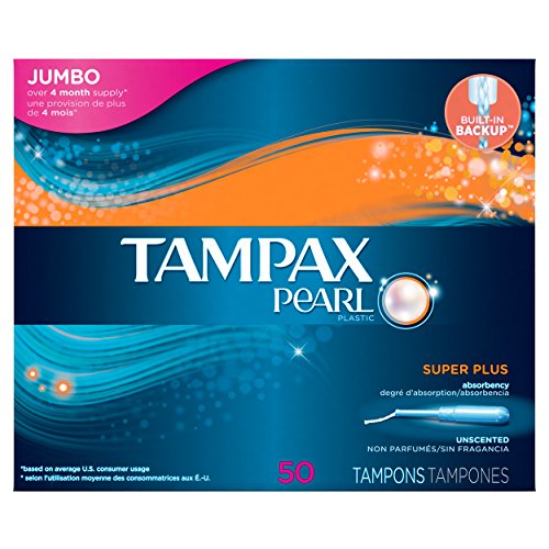 Tampax Pearl Plastic Tampons, Super Plus Absorbency, Unscented, 50 Count