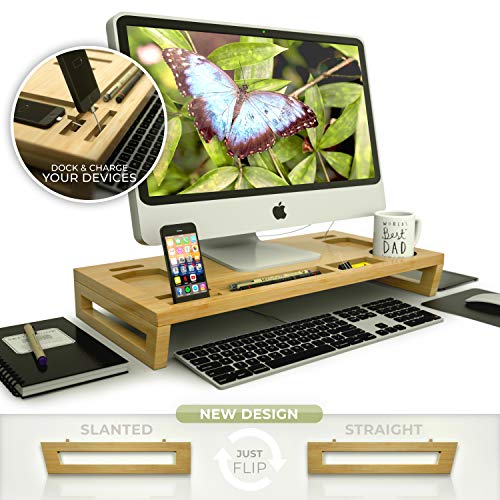 Stellar Natural Bamboo Laptop/Computer Monitor Stand | Office Desk Organizer | Portable Design | Magnetic Assembly | 2 Leg Styles | Cable & Heat Management | Connect & Charge Devices | Eco-Friendly