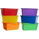 6 Pack Small Cubby Bins, Plastic Storage Containers for Classroom, Rainbow | Multi-Purpose Stackable Bin Organizer Storage Cubbies for Home, Playroom and Library, Shelf Bins, Book Bins