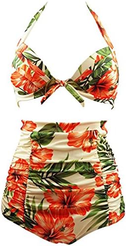 50S Retro Vintage Floral Print High Waist Bikini halter bikini retro SwimSuit for Women Girls retro bikini separates (L, Peach)