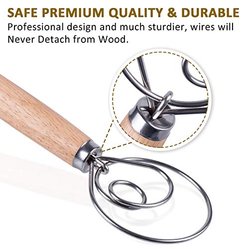 Danish Dough Whisk Original Dutch Style Bread Dough Hand Mixer Blender Admixer Professional 13" Stainless Steel Hook whisks Large Comfort Grip Wooden Handle for Pastry Cake Pizza (2 Pack)