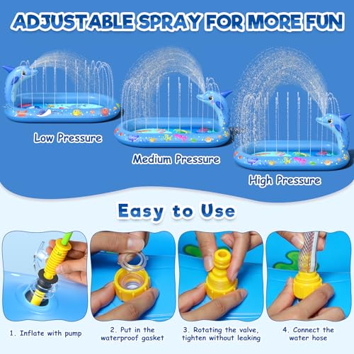 Inflatable Paddling Pool for Kids, Splash Pad for Kids, 3 in 1 Dolphin Pattern Kids Pool Inflatables, Thickened Material with Water Pipe, Backyard Summer Water Toys for Boys and Girls Age 1+
