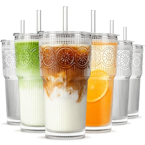 Ribbed and Floral Glass Tumbler Set of