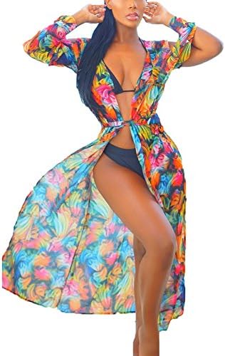 Beach Cover Ups For Swimwear Women - Chiffon Kimono Cardigan Long Floral Print Swimsuit Cover-Ups Bikinis Bathing Suit Cover Up Dress (L)