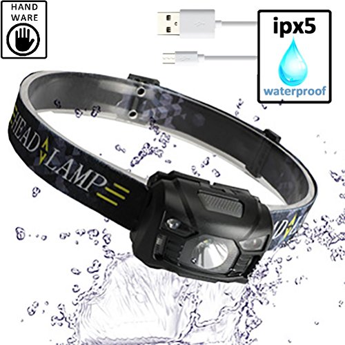 USB Rechargeable LED Headlamp Hands Free Motion Sensor Waterproof Comfortable Camping Headlight Flashlight for Running Emergency Hurricane Caving Hiking Reading Kids (Black)