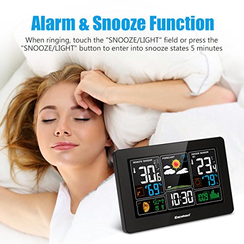Excelvan Digital Wireless Weather Station with Large LCD Color Display, Barometer for Weather Forecast with Indoor and Outdoor Sensor, Temperature Humidity Monitor, Alarm Clock, Black