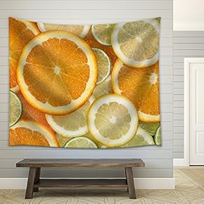Background Made from Sliced Orange, Lemon and Lime Citrus Fruits - Fabric Wall Tapestry Home Decor - 51x60 inches