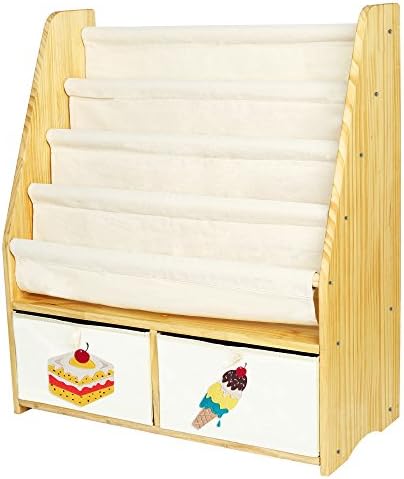 MallBoo Kids Bookshelf Book Rack Childrens Sling Bookcase and Toys Organizer Shelves Natural Solid Wood with Two Free Storage Boxes (Natural, Ice Cream+Cake)