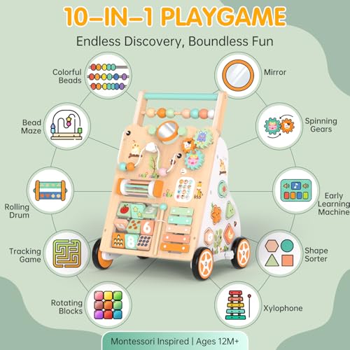 Weilim Wooden Baby Walker, 10-in-1 Montessori Push Walker for Toddlers 1+ | Activity Center with Xylophone, Shape Sorter, Gears | Adjustable Speed & Height | Natural Wood Learning Walking Toy